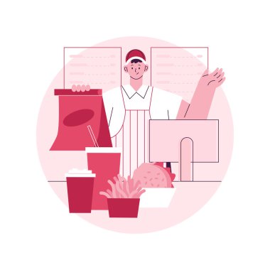 Fast food soyut konsept vektör çizimi. Amerikan mutfağı, zincir restoran, abur cubur menüsü, paket yemek, sokak yemeği festivali, hızlı yemek tarifi, hızlı yemek soyut metaforu..