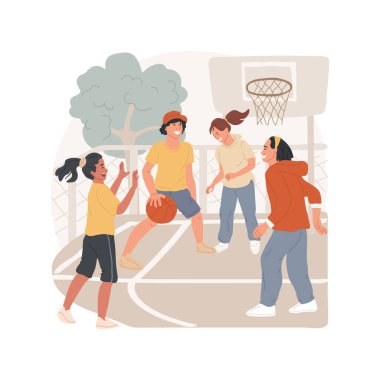 Komşu çocuk parkı karikatür vektör çizimi. Dışarıda basketbol oynayan bir grup mutlu genç, takım sporu, arkadaş iletişimi, genç aktif yaşam tarzı vektör karikatürü..