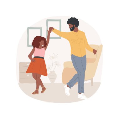 İzole edilmiş karikatür çizimi yapmayı öğreniyorum. Baba ve kızı dans etmeyi öğreniyorlar, aileleriyle eğleniyorlar, ev vektörü karikatüründe aktif boş vakitleri var..