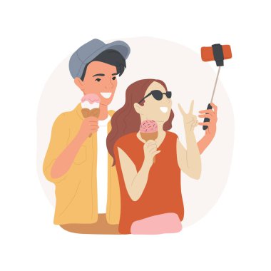 İzole edilmiş karikatür çizimi yiyerek. Genç çift dondurmayla poz veriyor, kız ve erkek selfie çekiyor ve gülüyor, romantik bir ilişki, ilk aşk çizgi filmi.