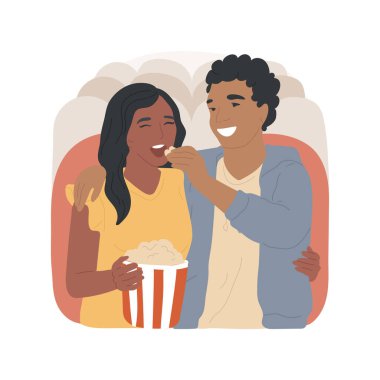 Sinemada izole edilmiş karikatür vektör çizimi. Genç çift birlikte film izliyor, gençler sırada oturuyor, birbirlerini patlamış mısırla besliyorlar, sinemada buluşuyorlar, romantik ilişki çizgi filmi.