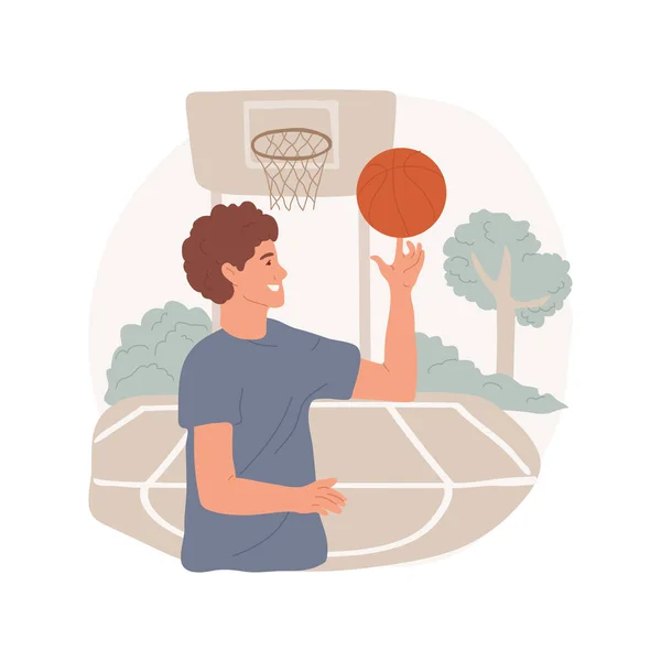 Selbsttrainierende Isolierte Zeichentrickvektorillustration Junge Teenager Der Einen Basketballball Auf Seinen — Stockvektor