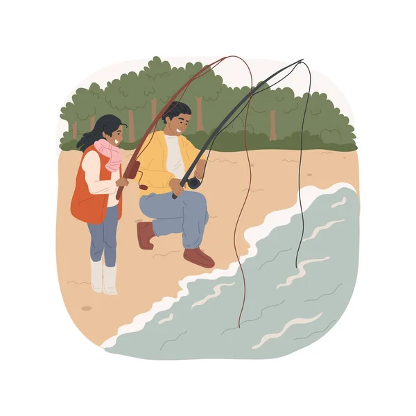 一起钓鱼孤立的卡通矢量插图 爸爸和女儿在湖边钓鱼 与父母共度闲暇 一起参加户外活动 孩子和父亲共享情缘卡通片 — 图库矢量图片