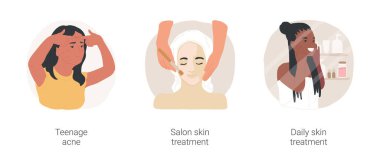 Genç cilt rutin izole çizgi film çizim seti. Genç sivilceler, deriden mutsuz, aynaya bakıyor, kuaför yüzü tedavisi, dermatoloğu ziyaret ediyor, günlük ev prosedürü çizgi filmi.