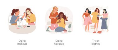 Partinin izole edilmiş çizgi film çizim setine hazır olun. Kızlar birlikte makyaj yapıyor, saç stili yapıyor, gençler aynanın önünde parti kıyafetlerini seçiyor, parlak kıyafet vektör karikatürü çiziyor..