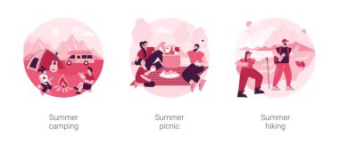 Yaz macerası soyut konsept vektör çizimi seti. Yaz kampı, piknik ve yürüyüş, ulusal park, keşif programı, hayatta kalma becerileri, boş zaman, dışarıda aile yemeği soyut metafor..