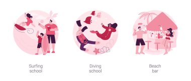 Yaz tatili etkinliği soyut konsept vektör çizimi seti. Sörf okulu, dalış okulu, plaj barı, sörf tahtası ve dalgıç kıyafeti kiralama, su sporu, tropikal kokteyl tarifi soyut metaforu..