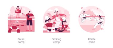 Çocuklar için yaz programları soyut konsept vektör çizimi seti. Yüzme, yemek pişirme ve karate kampı, genç şef kursu, tatil aktivitesi, dövüş sanatları, açık deniz eğitimi, soyut eğitim mecazı.