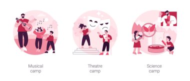 Yaz kampları soyut konsept vektör çizimi seti. Müzik, tiyatro ve bilim kampı, enstrüman çalma, drama okulu, laboratuvar deneyi, genç yetenek, soyut metafor dersleri.