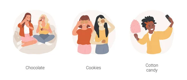 Teen Lieblings Süßigkeiten Isoliert Cartoon Vektor Illustrationsset Mädchen Sitzen Auf — Stockvektor