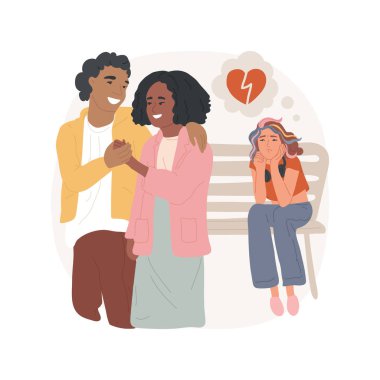 Kalp kırıklığı karikatür vektör çizimi. Başka bir kız arkadaşı olan bir çocuk, kıskançlık ve yalnızlık, gençlik sorunları, kalp kırıcı vektör karikatürü olan erkekler..