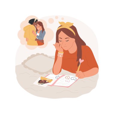 İzole edilmiş bir karikatür vektör çizimi yazıyorum. Bir oğlana aşık olan genç günlük tutar, kız kalp çizer, ergen yaşam tarzı, romantik ilişki vektör karikatürü hayali kurar..