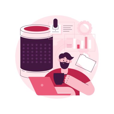 Akıllı konuşmacı ofisi denetleyicisi soyut konsept vektör çizimi. Akıllı denetleyici, ses komutları, ses kontrollü ofis, internet, asistan, ofis yönetimi soyut metafor.