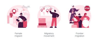 İnsan göçü soyut konsept vektör çizimi seti. Kadın göçmen, göç hareketi, sınır göç hizmetleri, uluslararası evlilik, pasaport ve belgeler, soyut kriz metaforu.