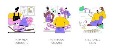 Farm products isolated cartoon vector illustrations set. Farmer cutting fresh meat, homemade sausage, free range eggs, keep chicken, secondary production, agribusiness vector cartoon.