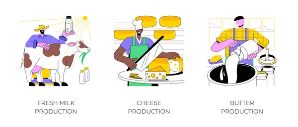 Dairy Farming Isolated Cartoon Vector Illustrations Set Farmer Holding Bottle — Vetor de Stock