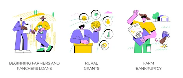 Farm loans isolated cartoon vector illustrations set. Beginning ranchers credit, farmer meeting a banker, rural grant, agribusiness development, payment program, farm bankruptcy vector cartoon. 