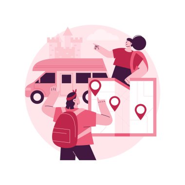 Ülke içinde soyut konsept vektör çizimi. Yerel turizm, ülkenizi keşfetmek, aile kampı, karavan, yol gezisi, turizm bilgisi, soyut yaşam tarzı metaforu.
