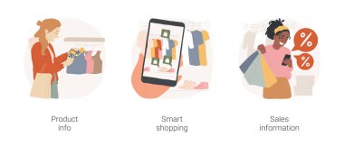 Akıllı perakende izole çizgi film vektör çizimi seti. Mağazada ürün qr kodunu tarayan genç kız, akıllı alışveriş, perakende satışlarda artırılmış gerçeklik, satış bilgisi, tanıtım kodu, alışveriş merkezi uygulaması vektör karikatürü.