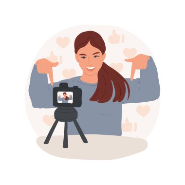 İzole edilmiş karikatür vektör çizimi gibi. Genç blogcu kız kanalı için video blogu kaydediyor, abonelik, dijital yaşam tarzı, içerik oluşturma vektörü çizgi filmi için arıyor.