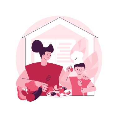 Karantina aşçılığı soyut konsept vektör çizimi. Aile tarifi, evde yemek pişirme, ev yapımı yemek pişirme, aşçılık becerileri, sosyal mesafeler, stres atma, video öğretim soyut metaforu..