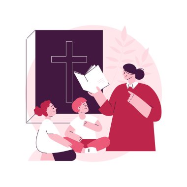 Dini yaz kampı soyut konsept vektör çizimi. İnanç temelli kamp, dini eğitim, Hıristiyan inancı, İncil eğitimi, dua zamanı, bağlılık kitabı, soyut metafor eğitimi.