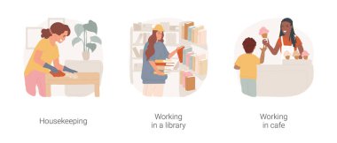 Gençlerin ilk işi karikatür vektör illüstrasyon seti. Oda temizliği, temizlik, üniforma giymek, kütüphanede çalışmak, kitaplığın yanında durmak, dondurma vektör karikatürü satan bir genç..