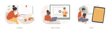 Eğitim ve eğitim, izole edilmiş konsept vektör çizimi. Öğrenme, video eğitimi, kitap okuma, okul kütüphanesi, çevrimiçi kurslar, öğrenci ödevi, hafıza ve bilgi vektörü kavramı.