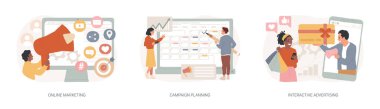 İzole edilmiş konsept vektör illüstrasyon seti. Çevrimiçi pazarlama, kampanya planlaması, etkileşimli reklamcılık, dijital strateji, SEO optimizasyonu, müşteri analitik vektörü kavramı.