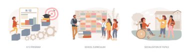 Eğitim programı izole edilmiş konsept vektör çizimi. K-12 programı, okul müfredatı, öğrencilerin sosyalleşmesi, devlet okulu, öğrenim takvimi, akademik kurs, vektör konsepti.