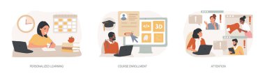 Esnek çalışma planı izole edilmiş konsept vektör çizimi. Kişisel öğrenim, ders kaydı, dikkat, diploma programı için başvuru, yeni öğrenci, konsantrasyon, çoklu görev vektörü.