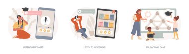 Eğitim kaynakları izole edilmiş konsept vektör çizimi seti. Podcast 'leri ve sesli kitapları dinleyin, eğitim oyunu, radyo programı, çevrimiçi uygulama, gamileştirilmiş öğrenme sistemi vektörü konsepti.