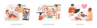 İzole edilmiş konsept vektör çizim seti. Çevrimiçi doğum günü partisi, oyun uygulaması, online buluşma, karantina olayı, sosyal izolasyon, kamera tarihi, sosyal medya vektör kavramı.