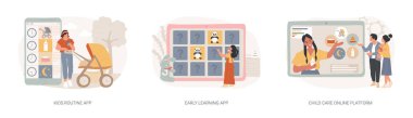 Çocuk bakımı teknolojisi çözümleri izole edilmiş konsept vektör çizimi seti. Çocuklar rutin ve erken öğrenme uygulaması, çocuk bakımı çevrimiçi platform, yeni doğan uygulaması, bebek bakıcısı arama vektörü kavramı.