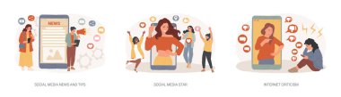Dijital içerik izole edilmiş konsept vektör çizimi. Sosyal medya haberleri ve ipuçları, etkili, İnternet eleştirileri, kişisel blog, nefret söylemi, yorumlar ve paylaşım, sahte profil konsepti.