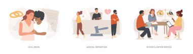 Aile hukuku konsept vektör çizimi seti. Sivil sendika, yargı ayrılığı, boşanma avukatı servisi, ebeveyn hakları, eşcinsel çift, düğün günü, evli çift sözleşmesi konsepti.
