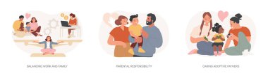 Mutlu aile izole edilmiş konsept vektör çizimi. İş ve aile dengesi, ebeveynlik sorumluluğu, evlatlık edinen babalar, sosyal roller, koruyucu aile, zaman yönetimi konsepti.
