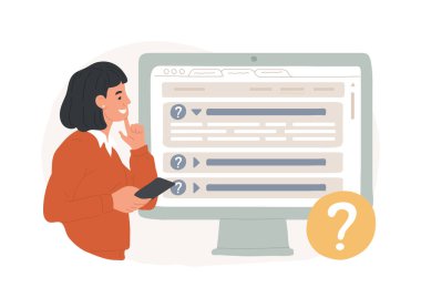 SSS izole edilmiş konsept vektör çizimi. Sıkça sorulan sorular, müşteri yardımı, nasıl yapılacağı, kullanıcı arayüzü, web sitesi menü çubuğu, şirket sayfası, ürün bilgisi, problem vektörü kavramını çöz.