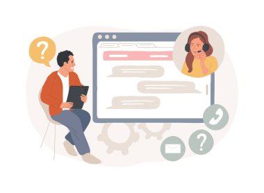 İzole konsept vektör illüstrasyonunu destekle. Çevrimiçi asistan, destek ekibi, bizimle iletişime geçin, web sitesi ögesi, menü çubuğu, sohbet botu, bağlantı kur, müşteri problemi çözme, yardım hattı vektör kavramı.