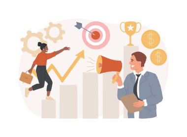 İzole edilmiş konsept vektör illüstrasyonunu çalıştırmak. Koçluk hizmeti, iş danışmanlığı, danışmanlık, yönetim eğitimi, hedef başarı, başarı ve kariyer merdiveni konsepti.