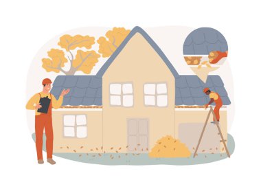 Lağım temizleme, izole edilmiş konsept vektör çizimi. Ev bakımı, çatı, inşaat işi, çatı onarımı, elektrik yıkama, yaprak ve yosun kaldırma, iniş borusu, sonbahar vektör kavramı.