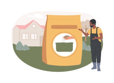 Çimen gübresi izole edilmiş konsept vektör çizimi. Bahçıvanlık hizmetleri, hızlı büyüme, yeşil renk, çimen bakımı, destek, toprak besinleri, granül yayıcı vektör kavramı.