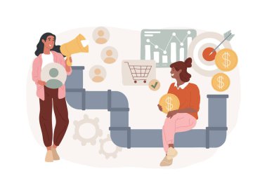 Satış boru hattı yönetimi konsept vektör illüstrasyonunu izole etti. Boru hattı analizi, CRM, satış beklentilerinin temsili, müşteri beklentileri yaşam döngüsü, satış kotası vektör kavramına ulaşma.