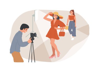 İzole edilmiş konsept vektör çizimi. Modeller için açık çağrı, ticari çekim, fotoğraf ve video döküm, modellik ajansı isteği, marka reklam vektörü konsepti seçmeleri.