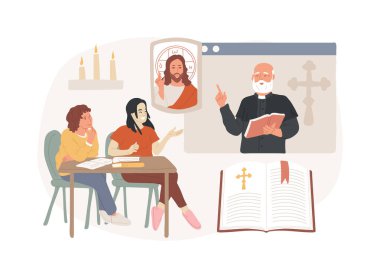 Teoloji konsept vektör illüstrasyonunu izole etti. İlahi öğretim, dini inanç, Tanrı eğitimi, teolojik dersler, Pazar okulu, insan duaları, kilise rahibi, manastır vektör konsepti keşişi.