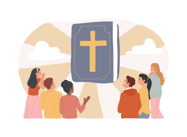 Kutsal İncil, izole edilmiş konsept vektör çizimi. İncil çevirisi, Hıristiyanlık kutsal kitap, Tanrı 'nın sözleri, dini medya, halka açık okuma, çocuk konsepti için kutsal yazıtlar..