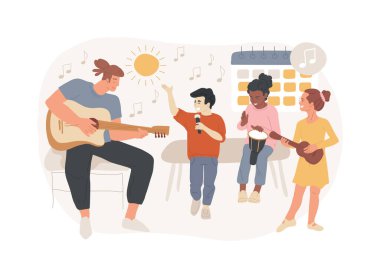 Müzik kampı konsept vektör illüstrasyonunu izole etti. Genç müzik yeteneği, müzikal yaz kampı, şarkı söyleme kursu, enstrüman çalmak, son canlı performans, sahne vektörü konseptinde günlük prova.
