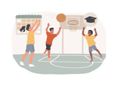 Basketbol kampı izole edilmiş konsept vektör çizimi. Basketbol eğitimi, çocuklar için spor programı, gençlik yaz tatili, çocuklar için spor akademisi, aktif tatil fikri, gündüz kampı konsepti.