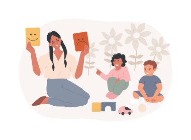 Sosyal-duygusal gelişme kavramsal vektör illüstrasyonunu izole etti. Okul öncesi eğitim, erken çocuklukta sosyal beceri gelişimi, duygusal yönetim, çocuk eğitim faaliyet vektörü kavramı.