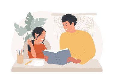 Çocukların eğitimine babaların katkısı izole edilmiş konsept vektör çizimi. Babalar karışır, babalar yardım eder, ödev yapar, mutlu çocuk, aile kavgası, evde eğitim konsepti.